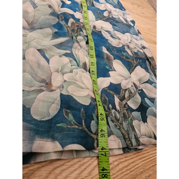 Chinese Style Long Dress with Magnolia Flower Print Blue Size Large High Neck - Picture 5 of 11